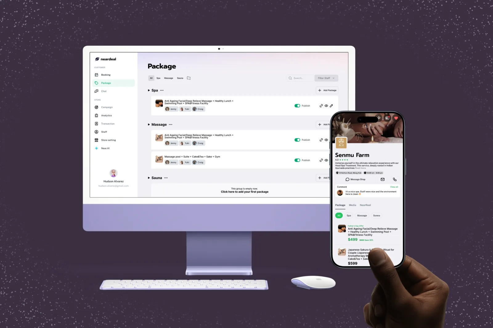 On a speckled deep plum ground, an iMac shows the Neardeal merchant dashboard, a sidebar of booking, package, chat, campaign and analytics tools beside spa, massage and sauna packages with publish toggles. A hand holds an iPhone in front showing the customer's view of a spa, its rating and its package prices.